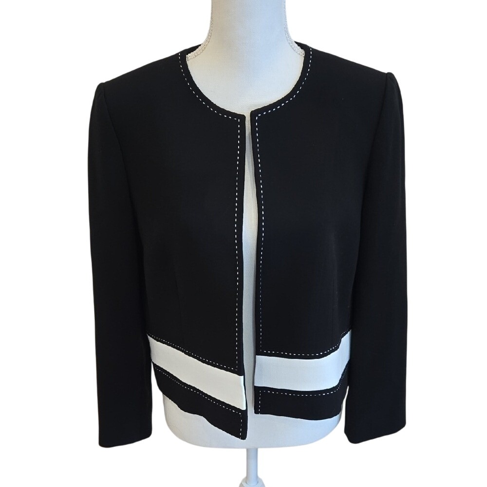 Tahari Arthur S. Levine Black White Blazer Open Front Square Collar - Size 10p